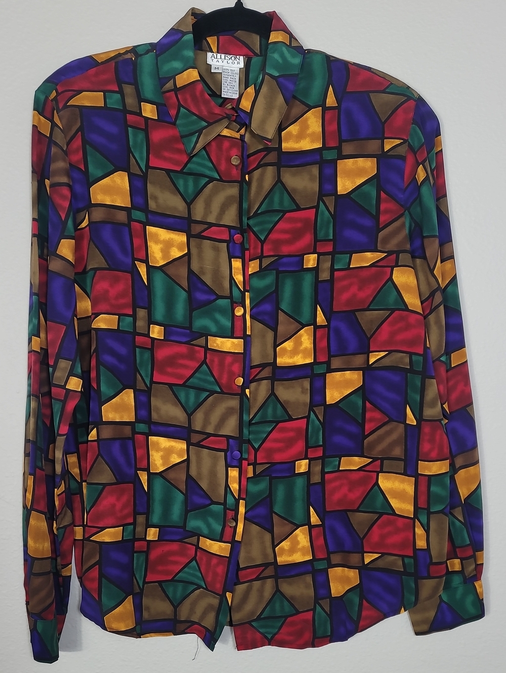 Vintage Allison Taylor 100% Silk Geometric Button Up Shirt Size Medium Artsy